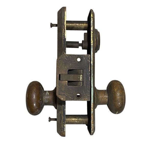 Antique Metal Door Knobs Brass Plates and Mortise - Picture 2 of 4